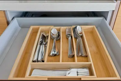 a drawer with silver utensils in a kitchen at The Orchid-Beachfront Bliss Spacious 2BR Apt In Santa Monica in Los Angeles