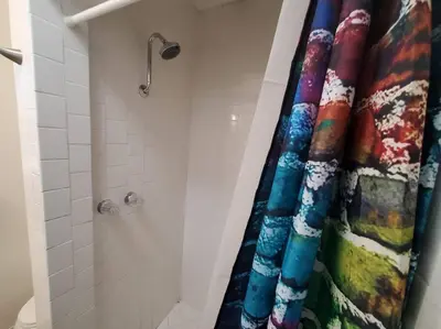 a bathroom with a shower with a colorful shower curtain at Hollywood - Budget Private Quiet 2nd Flr 1BR and 1BA in Los Angeles