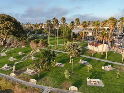 an aerial view of a park with palm trees at Oceanfront 2BR 2BA with Stunning View 333 in Redondo Beach