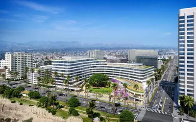 an aerial view of a city with a large building at 14 Santa Monica Gorgeous Apartment in Los Angeles
