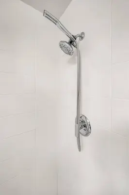 a shower in a bathroom with a shower head at Modern & chic in Heart of Downtown Santa Monica in Los Angeles