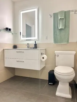 a bathroom with a white toilet and a mirror at Luxury 2BR in DTLA w Jacuzzi & Rooftop Views in Los Angeles