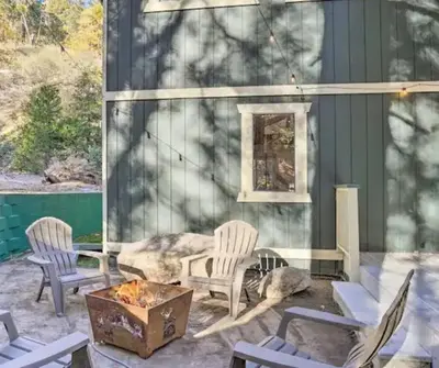 two chairs and a fire pit on a patio at Cocos Cottage Getaway Running Springs in Running Springs