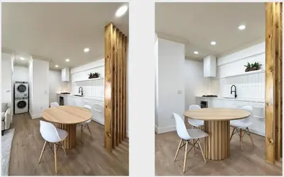 a kitchen and dining room with a wooden table and white chairs at Broskin apartments in Los Angeles