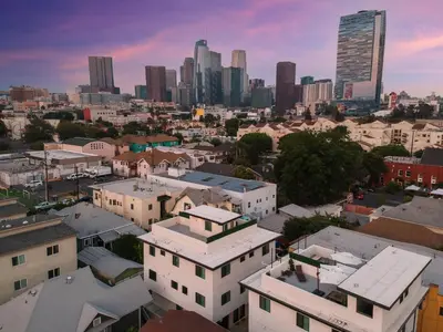 an aerial view of a city with tall buildings at Stylish DTLA Home With Views in Los Angeles