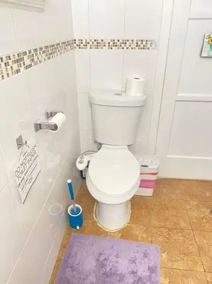 a bathroom with a toilet and a purple rug at Sunrise Room 1 guest only near DTLA in San Gabriel