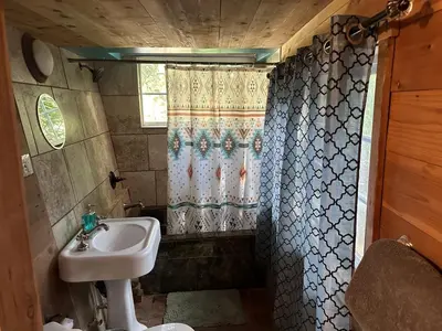 a bathroom with a sink and a shower curtain at Topanga Wonderland Cottage in Topanga