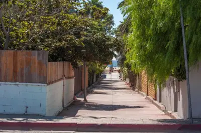 an empty street with a fence and trees on the side at Sunny 1 Bedroom in the Heart of Venice Beach - #3 in Los Angeles