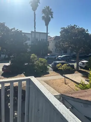 a view of a parking lot with palm trees at Santa Monica Stays in Los Angeles
