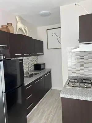 a kitchen with a black refrigerator and a stove at Marilyn Studio Apartment in Koreatown in Los Angeles