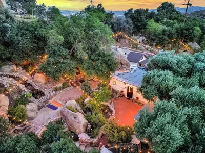 an overhead view of a house with lights at Private Romantic Escape, Hidden Gem w Hot Tub in Chatsworth Lake Manor