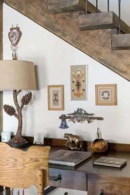 an office with a desk with a lamp and a staircase at Dream Catcher Retreat in Big Bear Lake