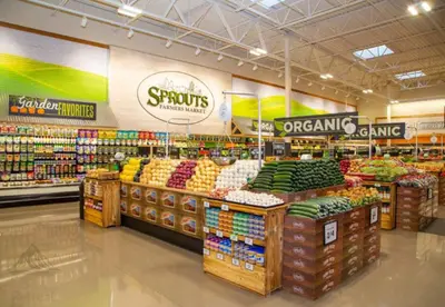a grocery store aisle with fruits and vegetables on display at 3BR Mountain Retreat with 2 Executive Suites & Scenic Views Sleeps 6 in Newbury Park