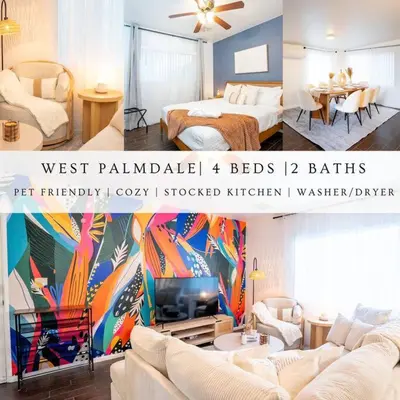 a collage of a living room and a bedroom at Stylish Cozy, Aesthetic, Stocked Kitchen, and Pet Friendly in Palmdale