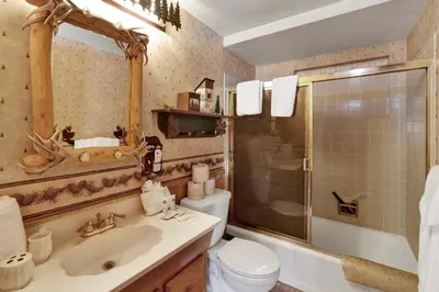 a bathroom with a toilet and a sink and a shower at Mountain Hideaway on Maryland #2494 in Big Bear Lake