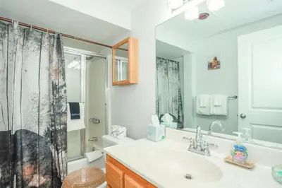 a bathroom with a sink and a toilet and a mirror at Comet's Cabin in Big Bear Lake