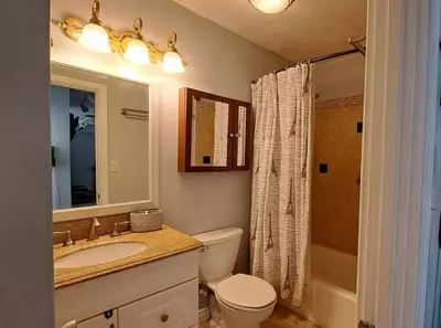 a bathroom with a toilet and a sink and a shower at 2bdr Bluff Heights Condo walking distance to beach in Long Beach