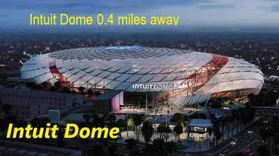 a picture of a soccer stadium with the words injury done o miles away at LAX House Near SoFi Stadium, Intuit Dome, YouTube Theater, The Kia Forum, Beaches in Inglewood