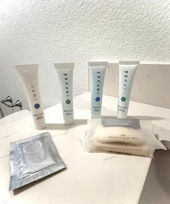 a group of four products sitting on a counter at Sofi LAX Clippers Stay in Inglewood