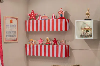 a wall with red and white striped shelves on a wall at Carnival Dream by OC Adventure Homes in Orange