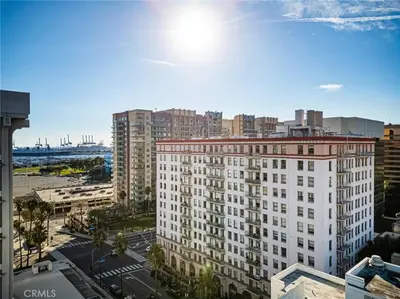 a view of a large white building in a city at Ocean View Studio Near Convention Center and Beach in Long Beach