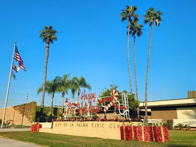 a roller coaster in a park with palm trees at Charming Bedroom Near Disney Land, Orange County in La Palma