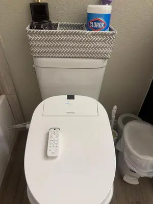 a remote control sitting on top of a toilet at villa Double Room in Chino Hills