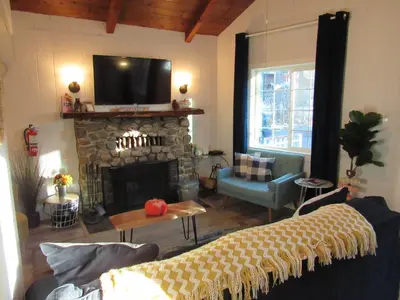 a living room with a fireplace with a tv above it at Forest Moon Cottage in Big Bear City Airport