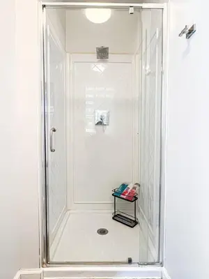 a shower with a glass door in a bathroom at Relax and Play, 2BR Close to SoFi, LAX - SH1-LAD in Los Angeles