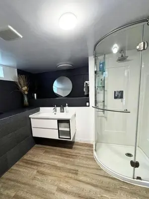 a bathroom with a sink and a shower at Cozy LA Studio Steps from SoFi and LAX - SH3 - LAD in Los Angeles