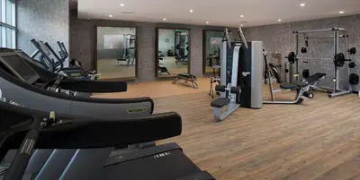 a gym with treadmills and machines in a room at Amethyst Horizon - Stylish peaceful 2BR w zen Garden View Pool Gym in Los Angeles