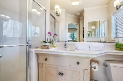 a bathroom with a sink and a shower at Beach Breeze Bungalow 1 Miles To Beach Cozy in Redondo Beach