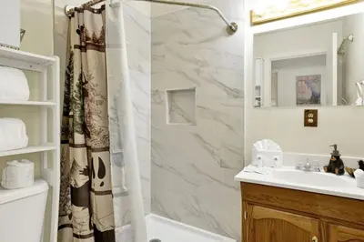 a bathroom with a shower and a sink at Green Squirrel Chateau by Big Bear Vacations in Big Bear Lake