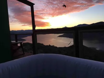 a bird flying in front of a window with a sunset at Epic View Hot tub National forest in Wofford Heights