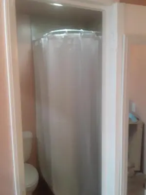 a shower curtain in a bathroom with a toilet at 2bd Home Lomita California spectacular location in Lomita