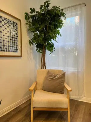 a chair with a tree in front of a window at Spacious 3BR 3BA Home Private Yard in Culver City in Los Angeles