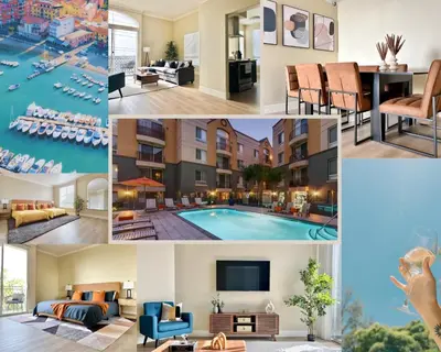 a collage of photos of a hotel with a pool at Modern Top Floor 3BD 3BA Condo Marina del Rey in Los Angeles