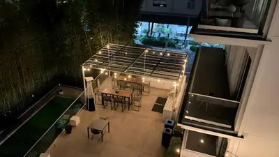 an aerial view of a patio with a table and chairs at Modern Venice Beach Stay - Walk to Marina & Boardwalk in Los Angeles