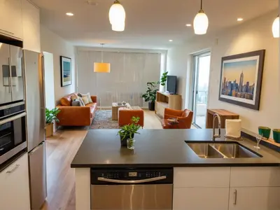a kitchen with a sink and a living room at Modern Venice Beach Stay - Walk to Marina & Boardwalk in Los Angeles