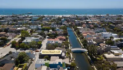 an aerial view of a city with a river at Private Venice Beach Loft - Steps to the Beach & Canals in Los Angeles