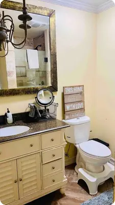 a bathroom with a sink and a toilet and a mirror at Private Room View Gated 2Acre Estate - Female Share Indoor - Men Share Outdoor - BB in Engine Company Number 109 Heliport