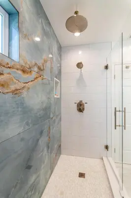 a bathroom with a shower with a glass door at Family Beach House, 400ft to Beach, Parking, BBQ in Long Beach