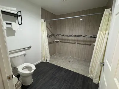 a bathroom with a toilet and a shower at Dutch Motel in Loma Linda