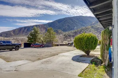 a car parked in a parking lot with a mountain at Hike and Explore Studio Stay in Frazier Park in Frazier Park