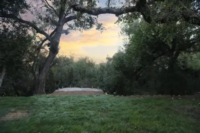 a field with trees and grass with a sunset in the background at Topanga Canyon Oasis by Colby & Conrad in Topanga
