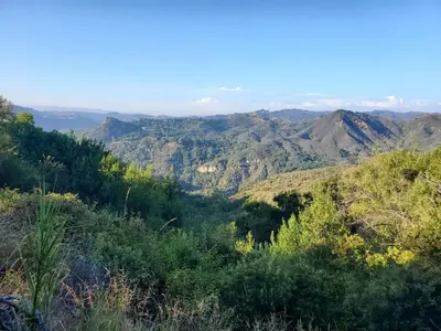 a view of the mountains from the top of a hill at The Topanga Bungalow by Colby & Conrad in Topanga