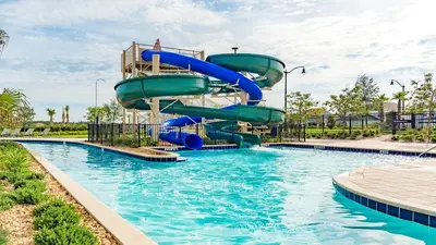 a water slide in a pool at a resort at LBL4837 in Los Angeles