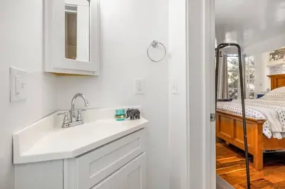 a bathroom with a sink and a bed in a room at Jennifers Room - Pet Friendly in Summerland