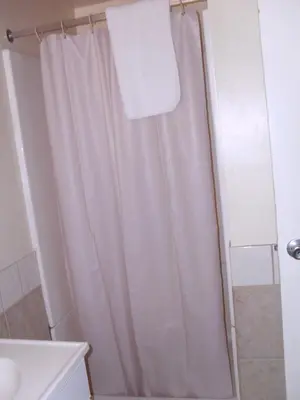a shower with a white shower curtain in a bathroom at Budget Inn of Boron in Boron