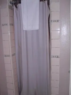 a shower with a white shower curtain in a bathroom at Budget Inn of Boron in Boron